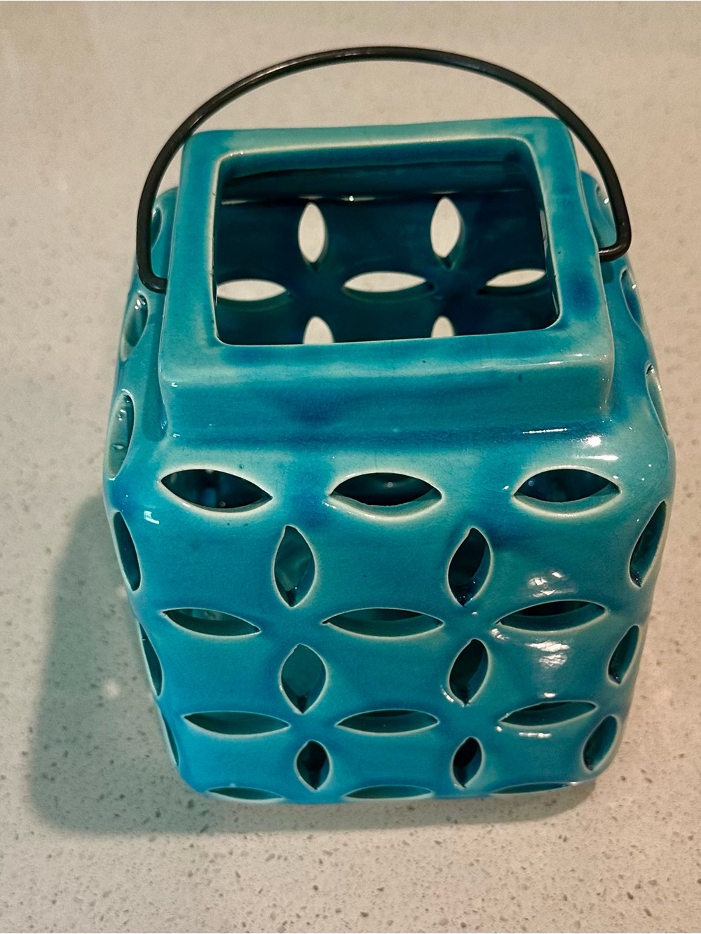 Turquoise Ceramic Lantern with Handle - Home Accents
